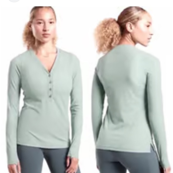 🟣4/$20 Athleta Uptempo Ribbed Henley Tee Green Gray S - Picture 2 of 5